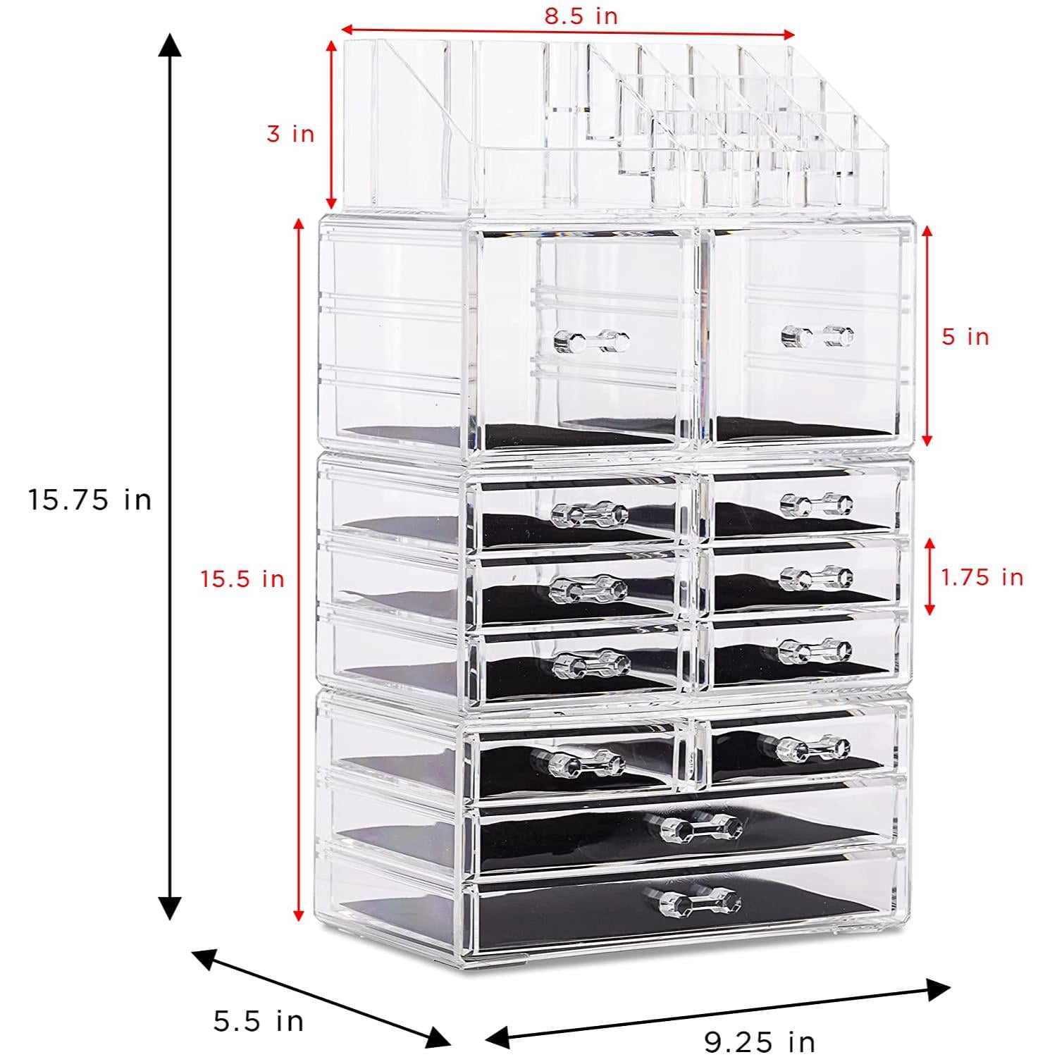 Sorbus Stackable Clear Makeup Organizer, 4-Piece, 12 Drawers, 16 Lipstick Slots