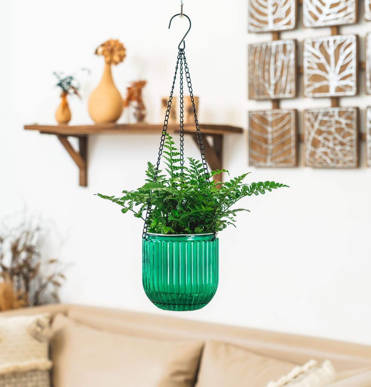 2 Pack Self Watering Hanging Planters Indoor Flower Pots, 5.3 Inch Outdoor Hanging Basket, Plant Hanger with 3Hooks Drainage Holes for Garden Home (Emerald)