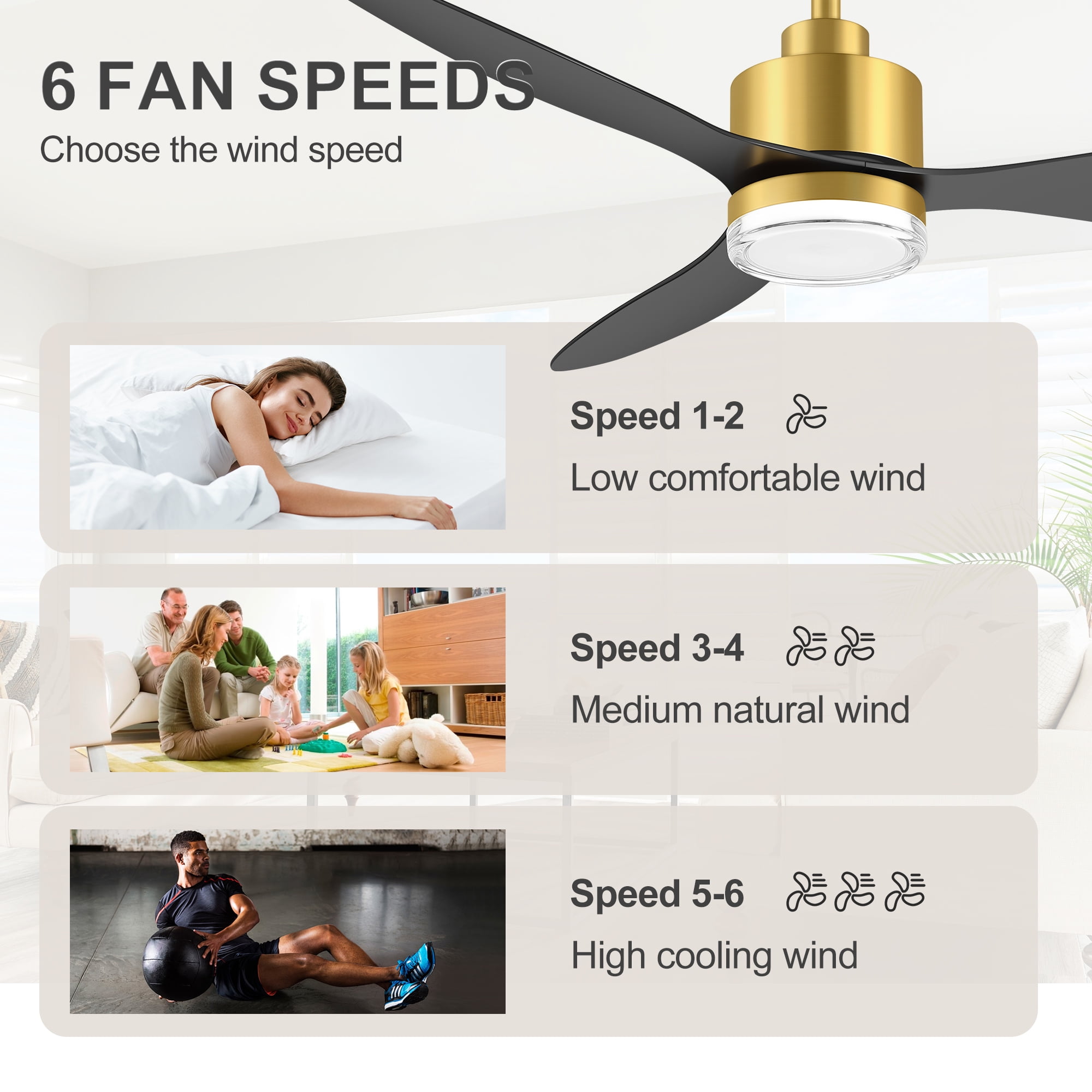 ALKAFY 52 inch Golden Ceiling Fan with LED Light and Remote -  3 Color Temperatures, for Living Room & Bedroom