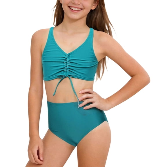 HAOTAGS Girls Swimsuit 2-Piece, Pleated Tops with High Waist Swim Bottoms Bikinis Summer Beach Sport Bathing Suit Green Size 7