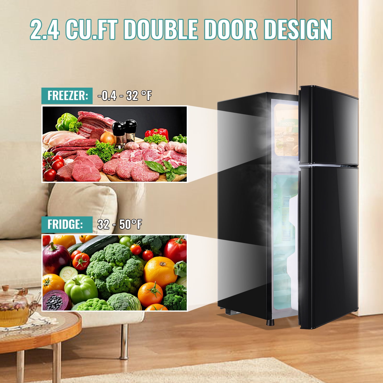 TACOOL Refrigerator with Top Freezer 2.4Cu.ft Two Door Small Mini Fridge for Person Use with Egg tray, Black