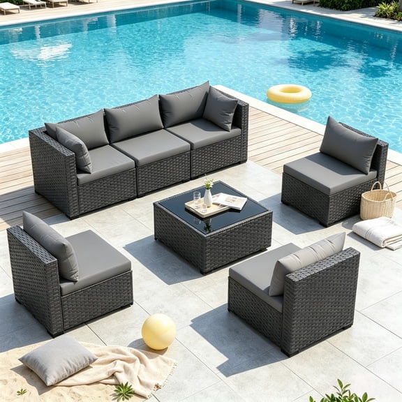 ELPOSUN 7 Pieces Patio Furniture Set, Outdoor Furniture Sectional Rattan Sofa for Backyard Garden Dark Grey