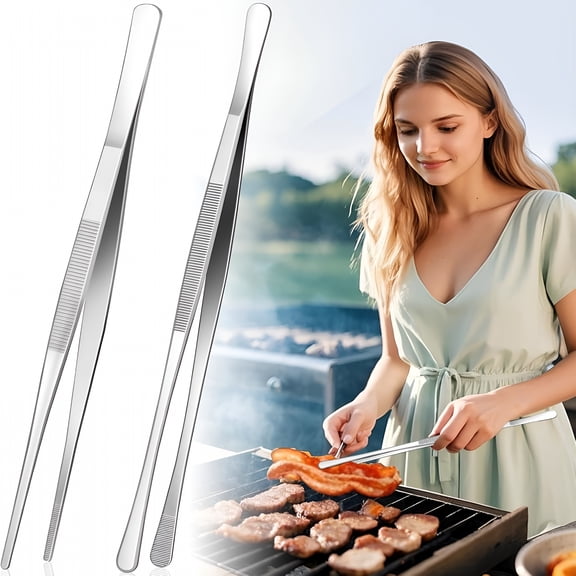 EXLEAF 12-Inch Cooking Tweezers Tongs 2-Pack,Stainless Steel Kitchen Tweezers with Dual-Head Design and Non-Slip Grip,Chef Tweezer Tongs for Frying,Plating,Pasta,BBQ,Air Fryer,Food Prep Tools