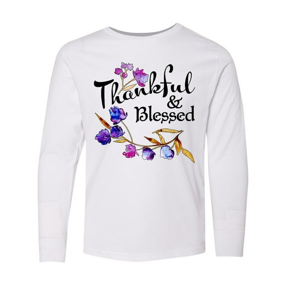 Inktastic Thankful and Blessed Inspirational Saying with Flowers Long Sleeve Youth T-Shirt