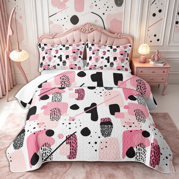 Castle Fairy Modern Abstract Block Print Twin Quilt Set 2 Pieces,Dot Line Geometric Clean Tone Twin Coverlet Set,Pink Black White,1 Bedspread and 1 Pillowcase