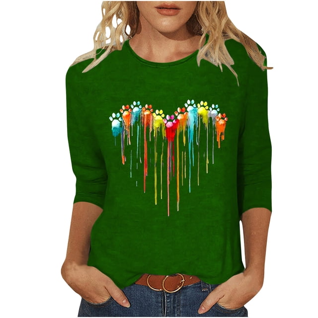 PEZHADA Blouses pour Femmes Manches 3/4 Mode Féminine Manches Trois-Quarts Col Rond Rétro Imprimé Hauts Amples Blouse Manches Trois-Quarts