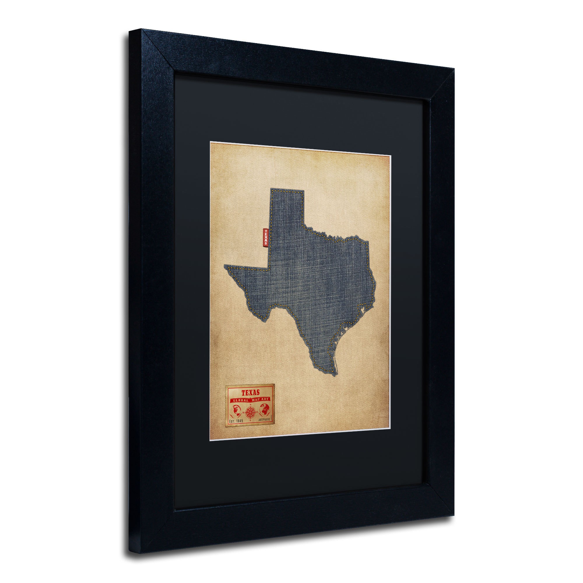 Trademark Fine Art "Texas Map Denim Jeans Style" Canvas Art by Michael Tompsett, Black Matte, Black Frame