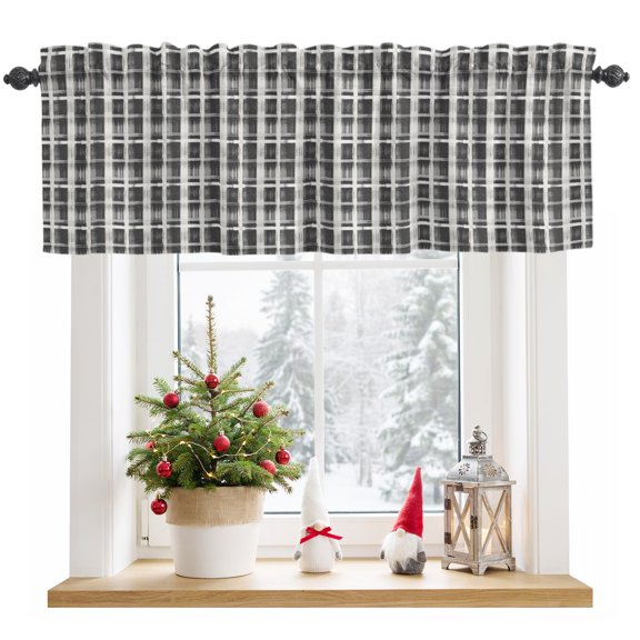 Black Weave Pattern Light Filtering Valance Curtains, Minimalist Navy Blue Lines Checkered Rod Pocket Short Window Valance for Kitchen Bathroom Windows 1 Panel 42"x12"