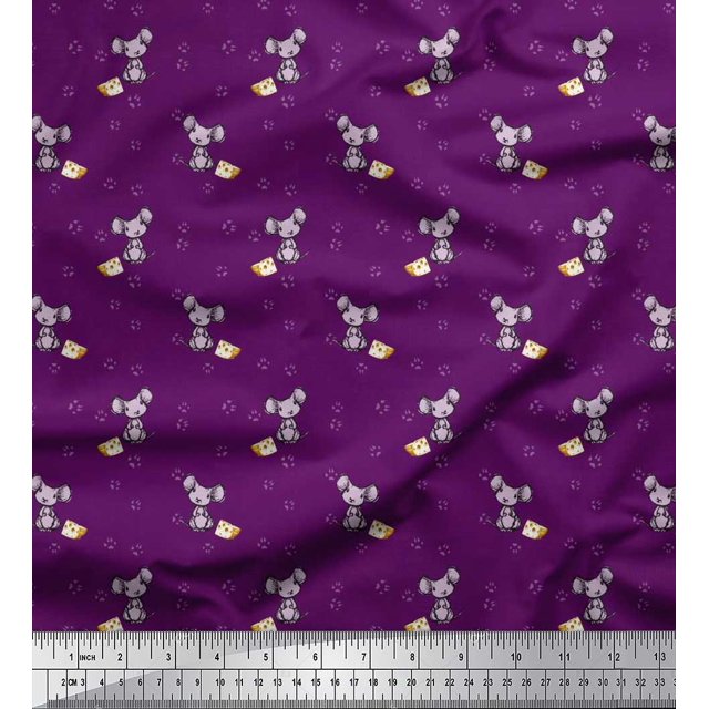 Soimoi Velvet Fabric Footprint,Cheese & Rat Kids Printed Fabric 1 Yard 58 Inch Wide