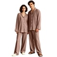 thumbnail image 3 of Matching Pjs for Couples Long Sleeve His and Hers Pajamas Sets Sleepwear Solid Button Down Warm 2 Piece Set Loungewear Light Brown S, 3 of 7