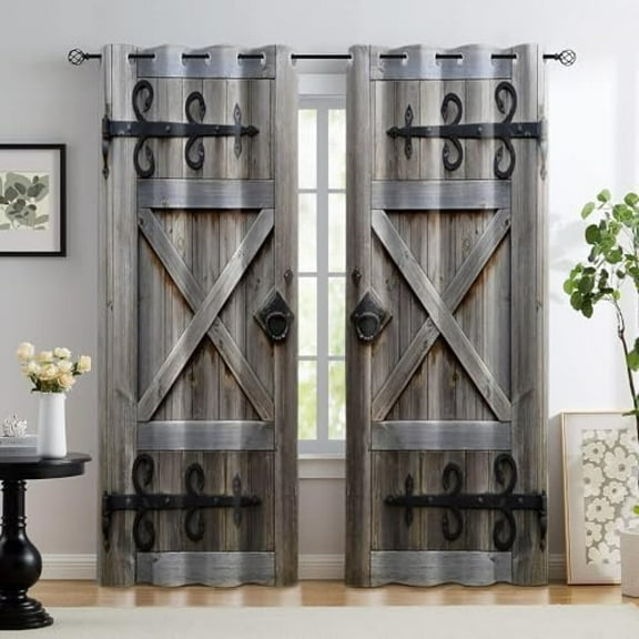 Rustic Wood Barn Door Blackout Curtains, Gray Farmhouse Wooden Door Print Curtains For Living Room, Western Retro Grommet Bedroom Window Curtains 42"W x 108"L (Pack of 2)