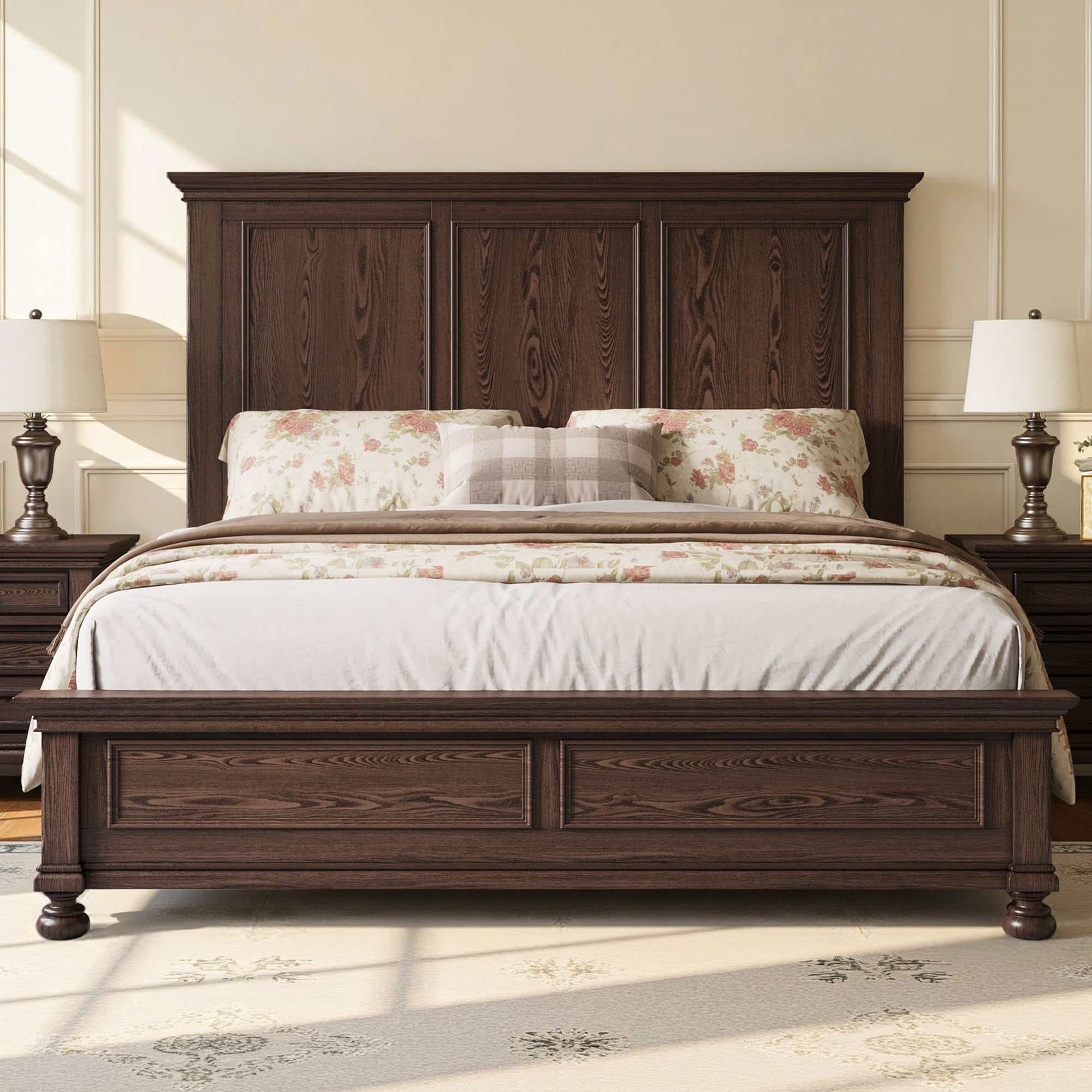 Amerlife Solid Wood King Bed Frame with 65.2" High Headboard, Traditional Platform Bed with Heavy Duty Slats, Easy Assembly, Dark Brown