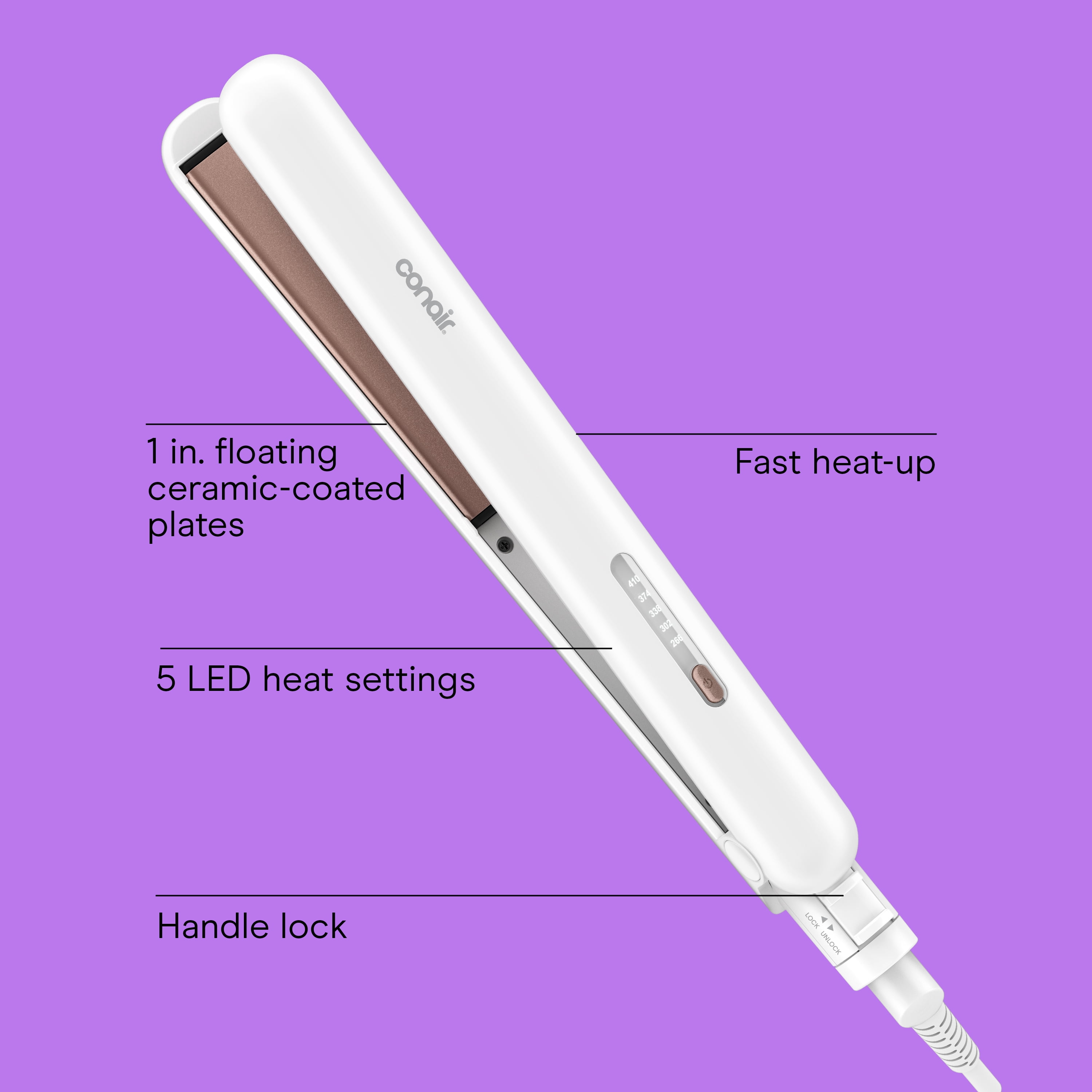 Conair Double Ceramic Flat Iron, 1" Ceramic Plates, 5 LED Heat Settings, Rose Gold, 1 Count