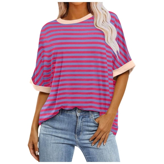 Jamsmile Women Tshirts Summer Casual Round Neck Loose T Shirt Striped Gradient Print Short Sleeved Loose Tee Shirts Tops