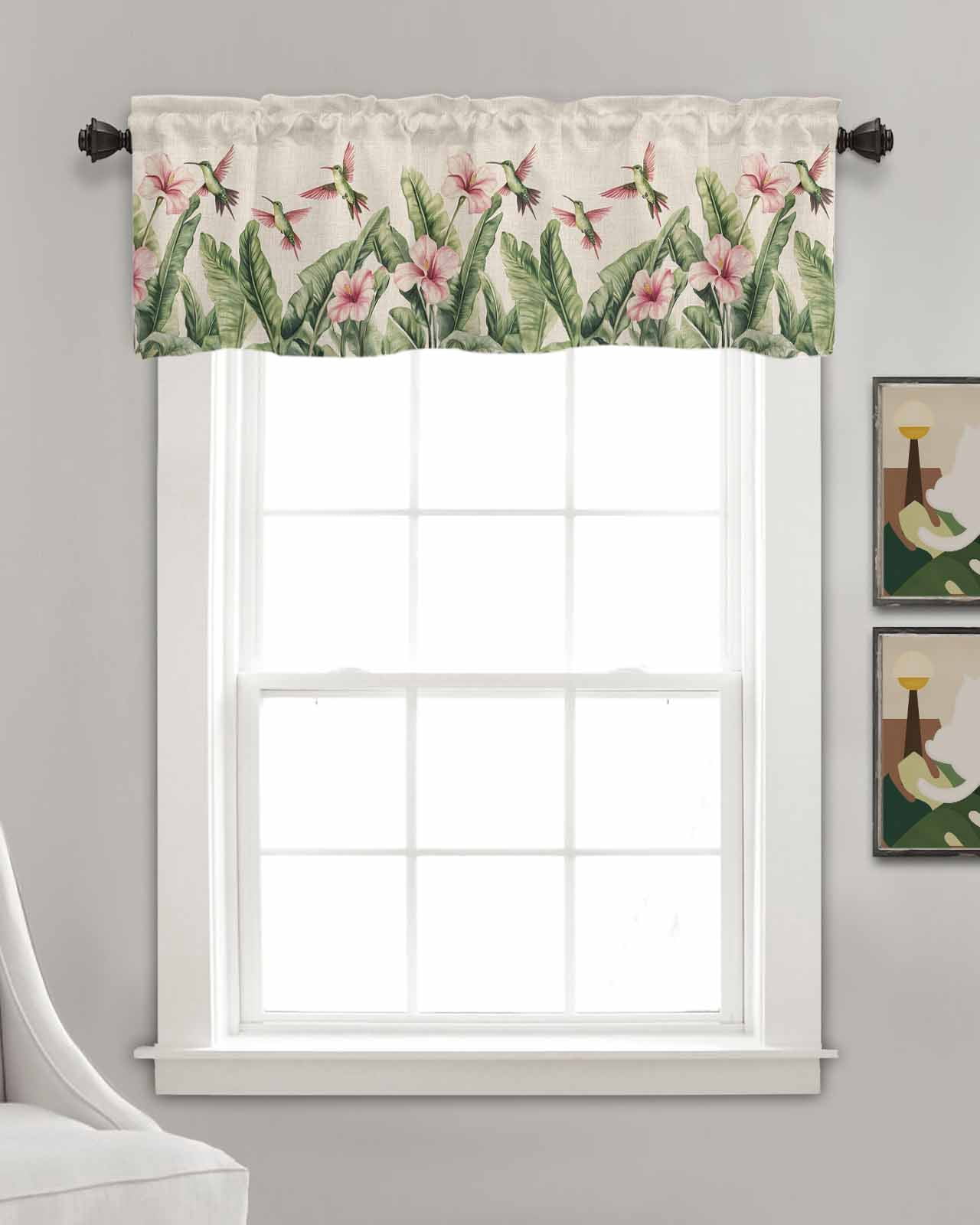Summer Flowers Kitchen Valances for Windows Farmhouse Linen Window Valance Curtain for Living Room Window Treatment Retro Country Tropical Palm Leaves Birds Valance Rod Pocket Topper, 54 x 18 Inch