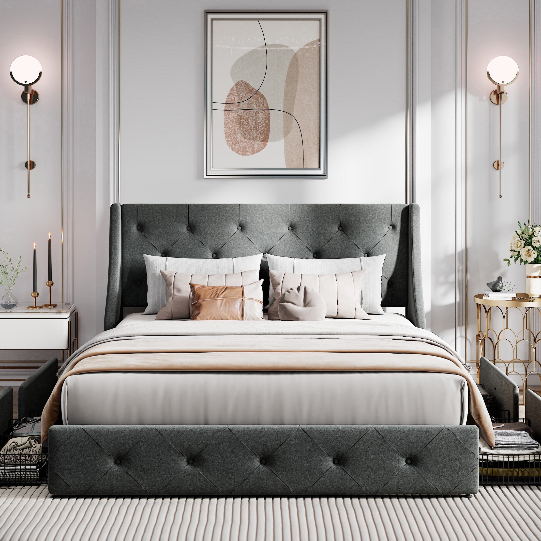 Amolife Queen Size Upholstered Platform Bed Frame with 4 Storage Drawers & Fabric Tufted Wingback Headboard, Dark Gray