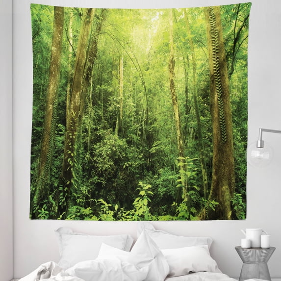 Tropical Tapestry, Tropical Rainforest Landscape Malaysia Asia Green Tree Trunks Uncultivated Wood Print, Fabric Wall Hanging Decor for Bedroom Living Room Dorm, 5 Sizes, Green, by Ambesonne