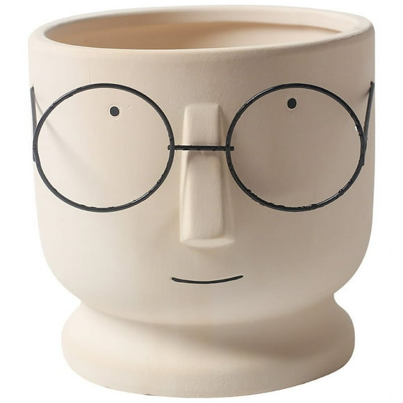Jinsinto Creative Glasses Face Plant Pots Cactus Pots For Home Office Wedding Decor,Face Planter Cement Flower Pots,Small Ceramic Succulent Pot-White Gray 17x17x16.5cm