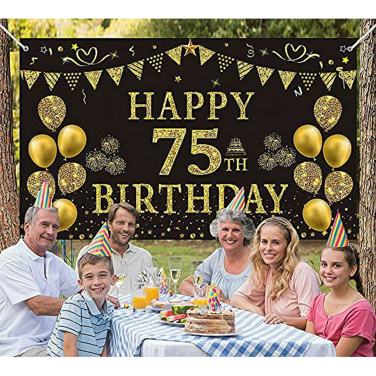 Trgowaul 75th Birthday Backdrop Gold and Black 5.9 X 3.6 Fts Happy Birthday  Party Decorations Banner for Women Men Photography Supplies Background