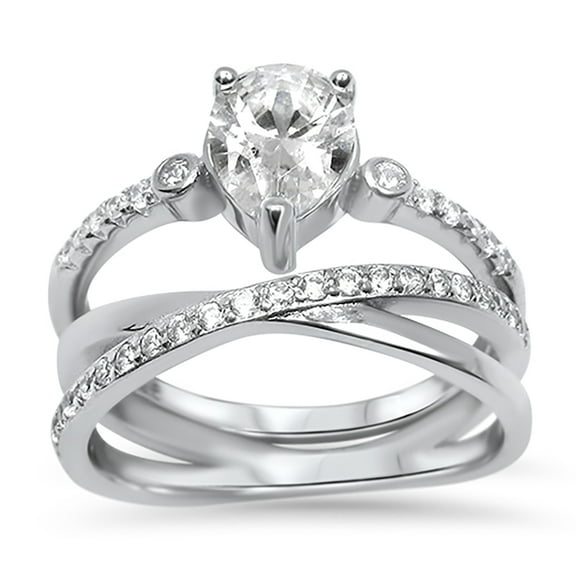 Sterling Silver White Pear Shape CZ Wedding Engagement Ring Set for Women Size 10