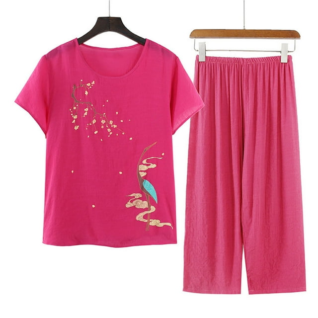 Blouses pour Femmes, Ensemble d'Été Décontracté Imprimé à Manches Courtes et Col Rond, Haut et Pantalon, Costume Mince pour la Maison