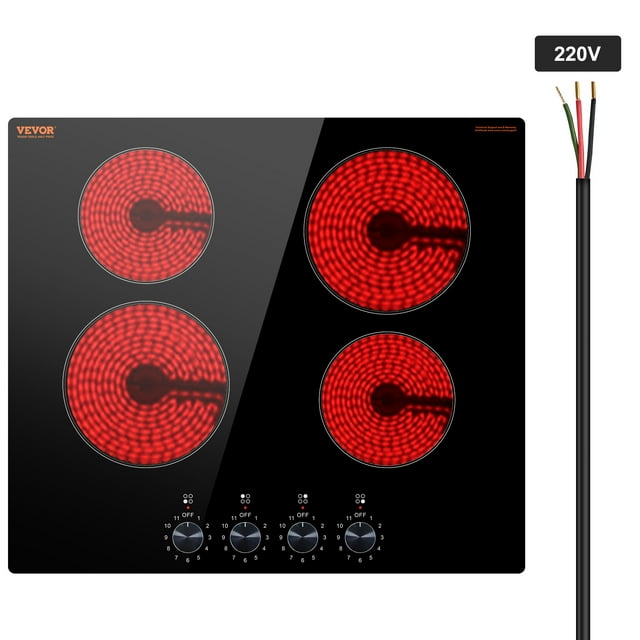 VEVOR Electric Cooktop, 24 inch 4 Burners Built-in Electric Stove Top, 6000W Ceramic Top Radiant Cooktop, with Glass Panel, Knob Control, 11 Heat Levels, 220-240V, Hard Wire (No Plug)