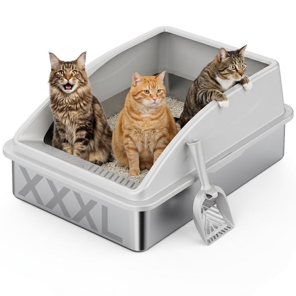 Siooko XXXL Stainless Steel Cat Litter Box for Big Cat Multiple, Jumbo Metal Litter Box with High Sides, Scoop, Easy to Clean, Silver Gary