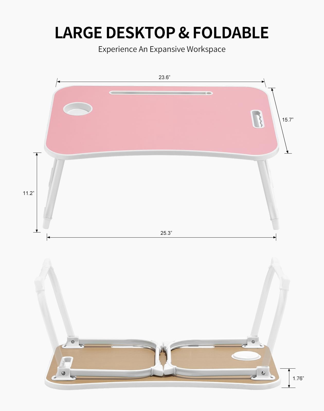 Laptop Bed Desk  Foldable Lap Portable Table Stand With Cup Holder & Tablet Slot Lifting Handle For Working Writing Drawing Eating - Pink