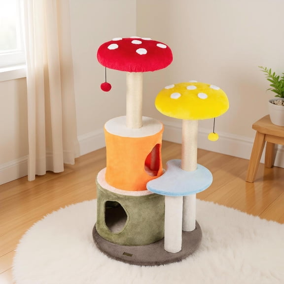 Yardi Yarda 43" Tall Cute Cat Tree w/2 Condos & Padded Platforms, Corner Cat Tree, Cat Climbing Tower, Cat Towers for Indoor Cats-Multicolor