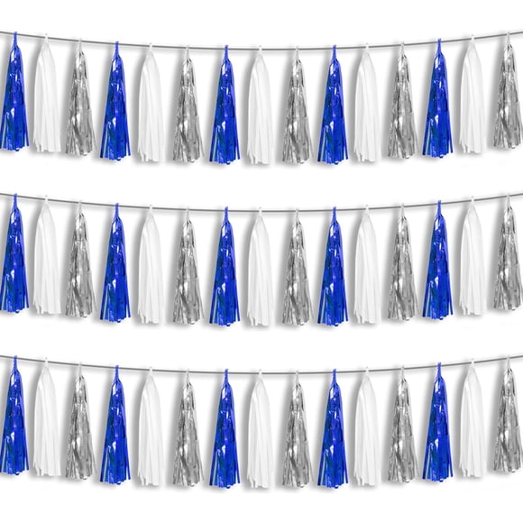 Banner con forma de guirnalda con borlas en forma de hisilla, azul marino, blanco y plateado, 45