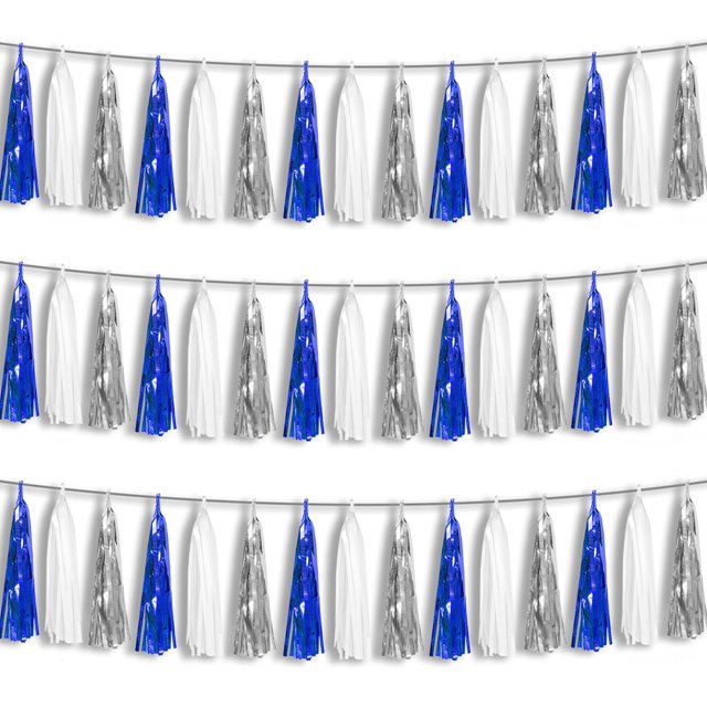 Banner con forma de guirnalda con borlas en forma de hisilla, azul marino, blanco y plateado, 45