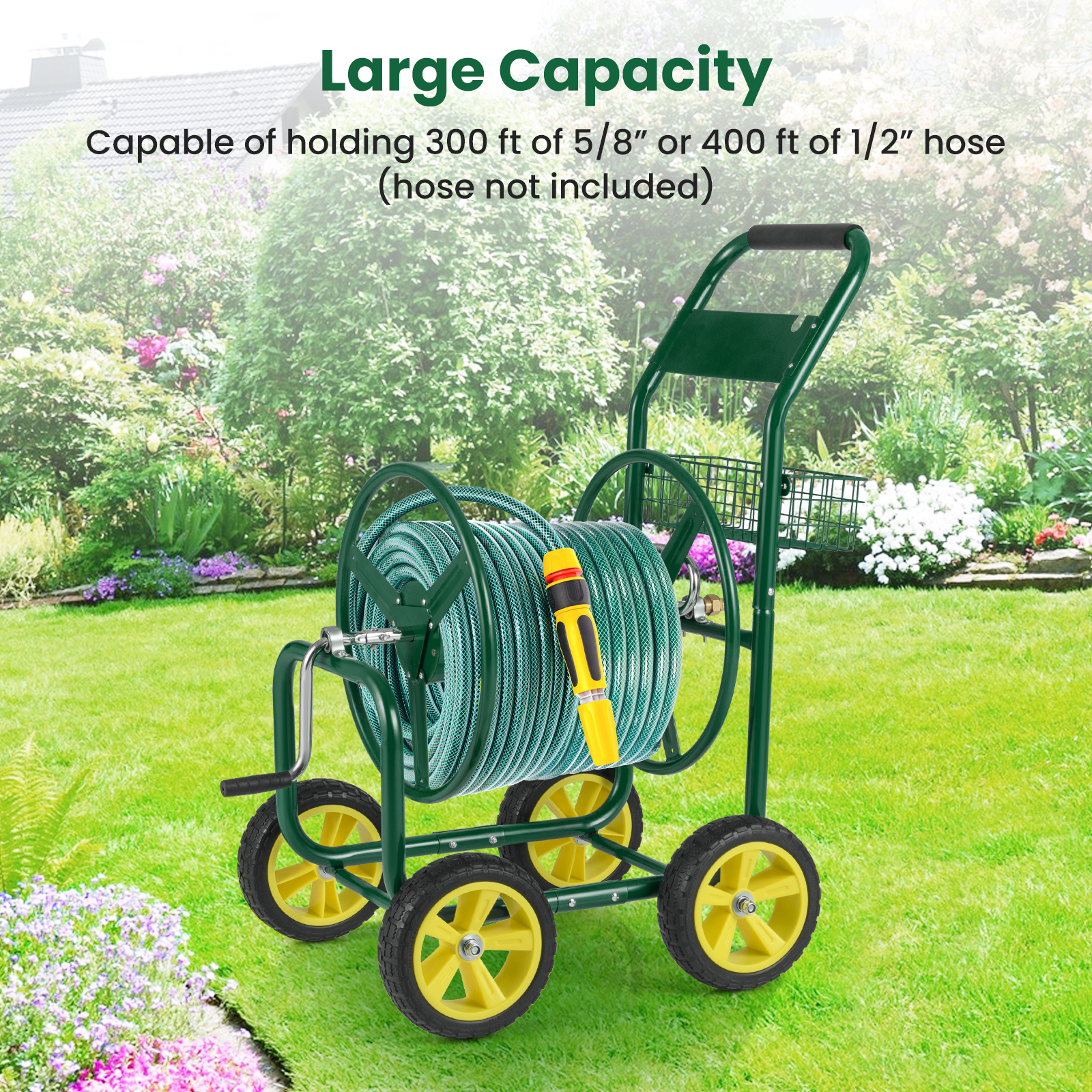 Gymax Garden Hose Reel Cart 300 FT of 5/8'' Large Capacity Heavy-Duty Metal Hose Cart Green