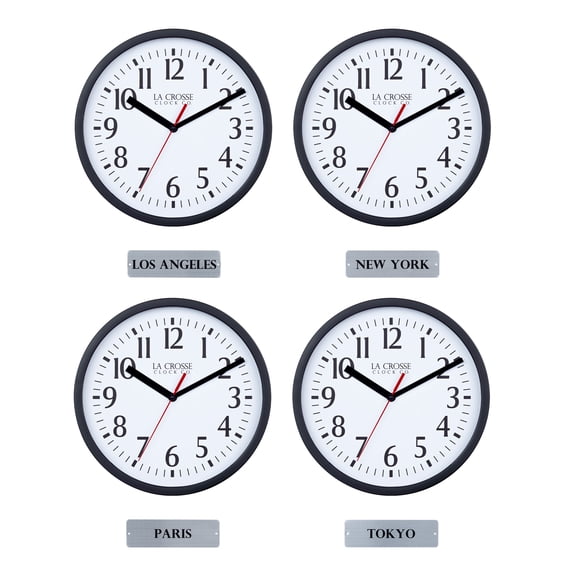 La Crosse Clock 4-Pack 8 Inch Black Basics Analog Quartz Clock with City Name Plaques, 404-3020B-4TZ