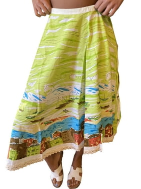 Mogul Women Maxi Skirt Green White Printed Flare Bohemian Summer Style Summer Gypsy Skirts ML