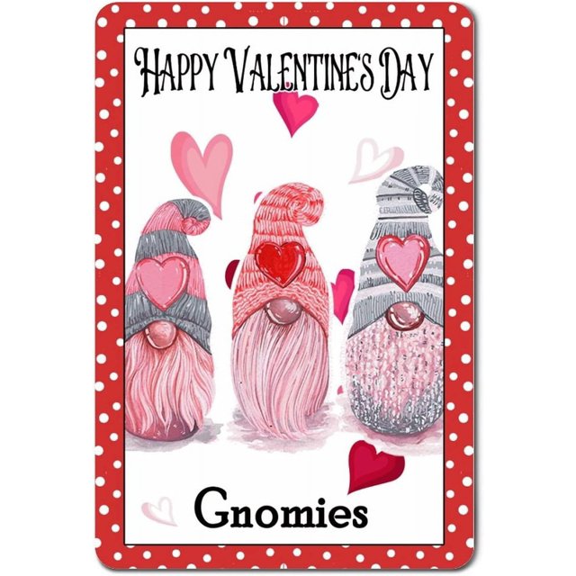 Letreros de metal retro "Feliz Día de San Valentín, gnomos lindos con corazón", placa de metal de 12 x 8 pulgadas
