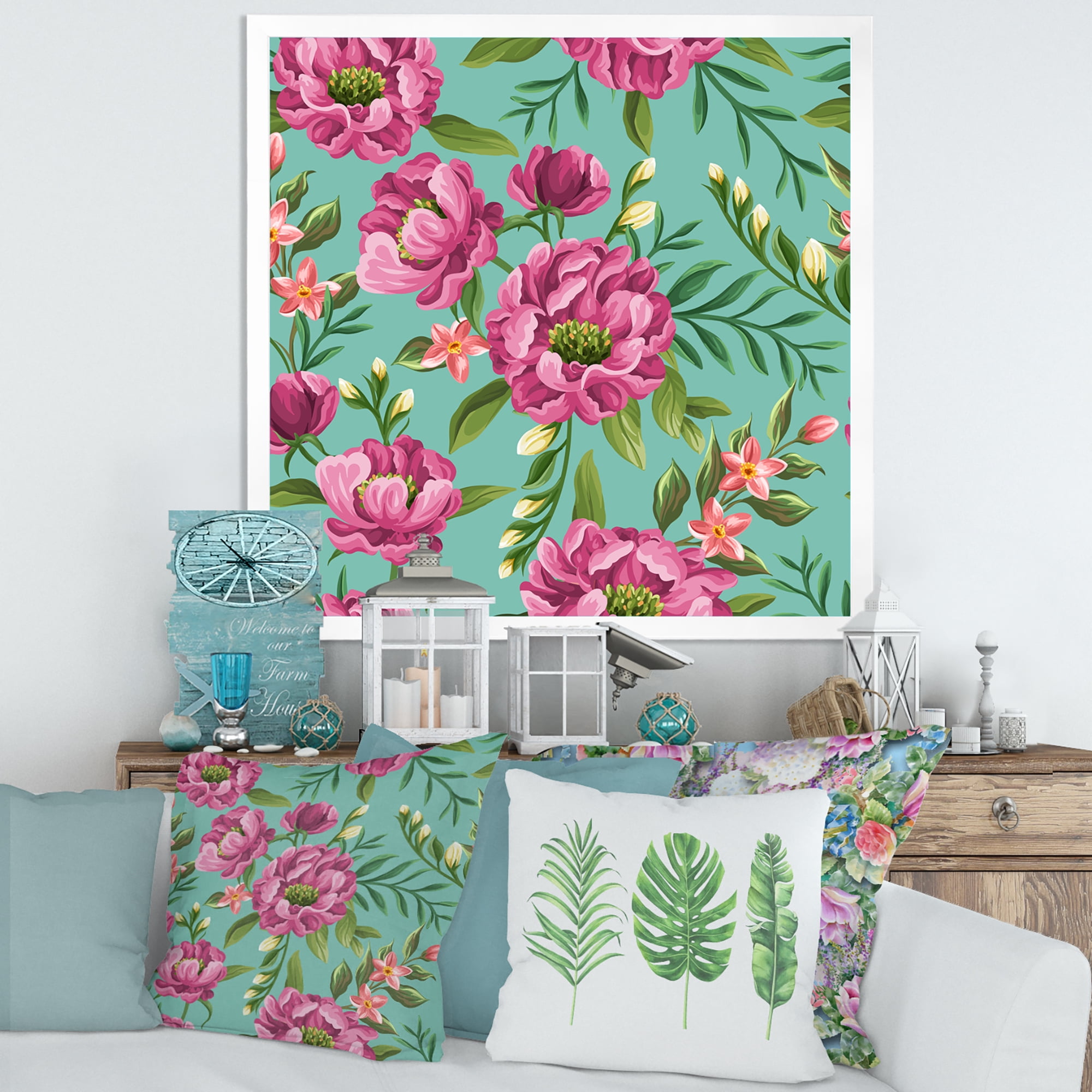 Designart 'Fuchia Pink Flowers On Green VIntage' Traditional Framed Art Print