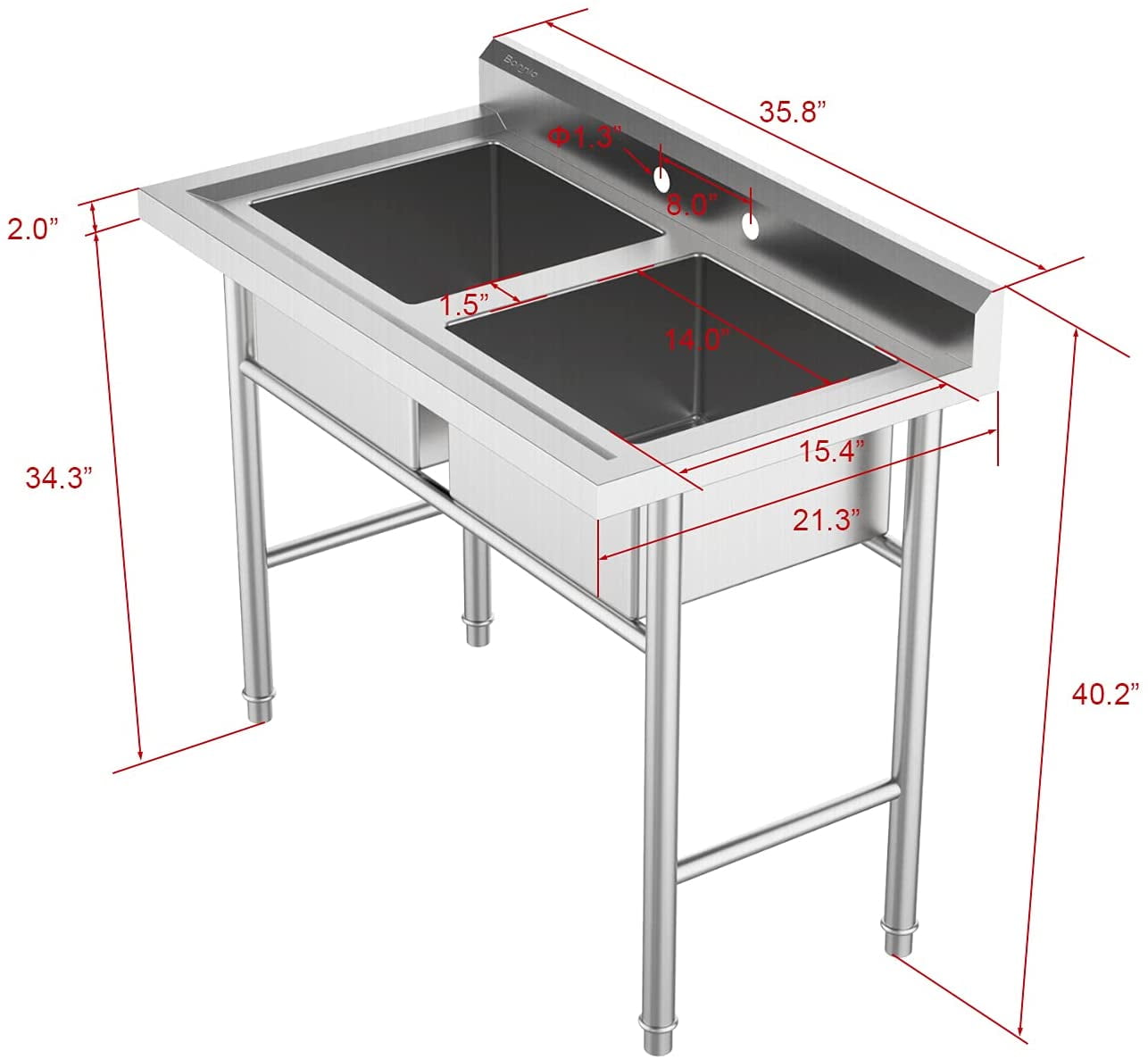 Bonnlo Commercial 304 Stainless Steel Sink 2 Compartment Free Standing Utility Sink for Garage, Restaurant, Kitchen, Laundry Room, Outdoor, 35.8" W x 21.3" D x 40" H