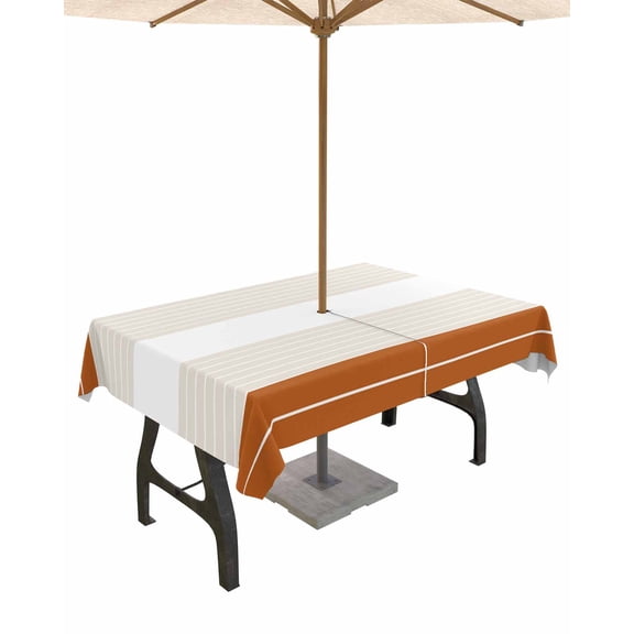 Fsddascl Orange Beige Stripe Outdoor Tablecloth - 60x102 Inch Rectangle Dining Table Cover, Modern Art Horizontal Striped Waterproof Outdoor Table Cloth with Umbrella Hole & Zipper for Picnic/Patio