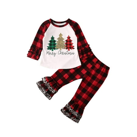 

Christmas Clothes Set Toddler Kid Girls Long Sleeve T-shirt + Plaid Leopard Ruffle Pants Outfits