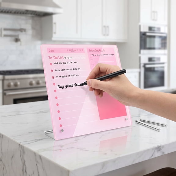 Thickened Acrylic Desk Whiteboard – Frameless Pink Dry Erase Board with Stand, Desktop To-Do List Planner Board for Office, Home, School – Cute Desk Decor