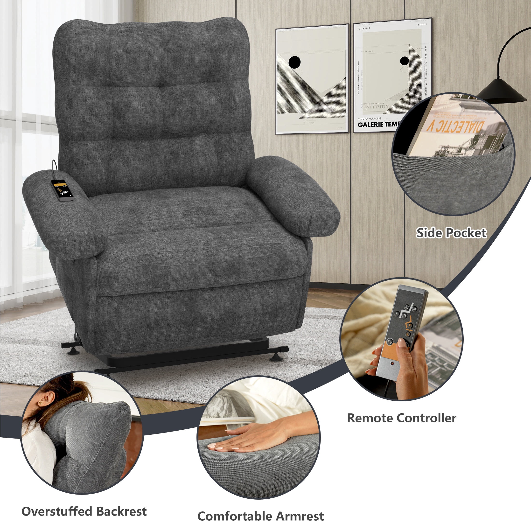 Power Lift Recliner Chair Lift Chair, HSUNNS Recliners for Elderly and Adults with Remote and Side Pockets, Heavy Duty Reclining Mechanism Reclining Sofa Chair for Living Room, Gray