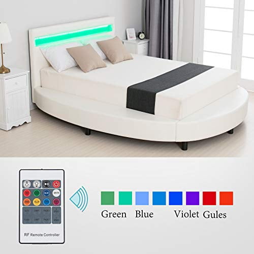 Modern Upholstered Round Platform Bed With Led Light Headboard And Faux Leather Bed Frame White Full Size Walmart Com