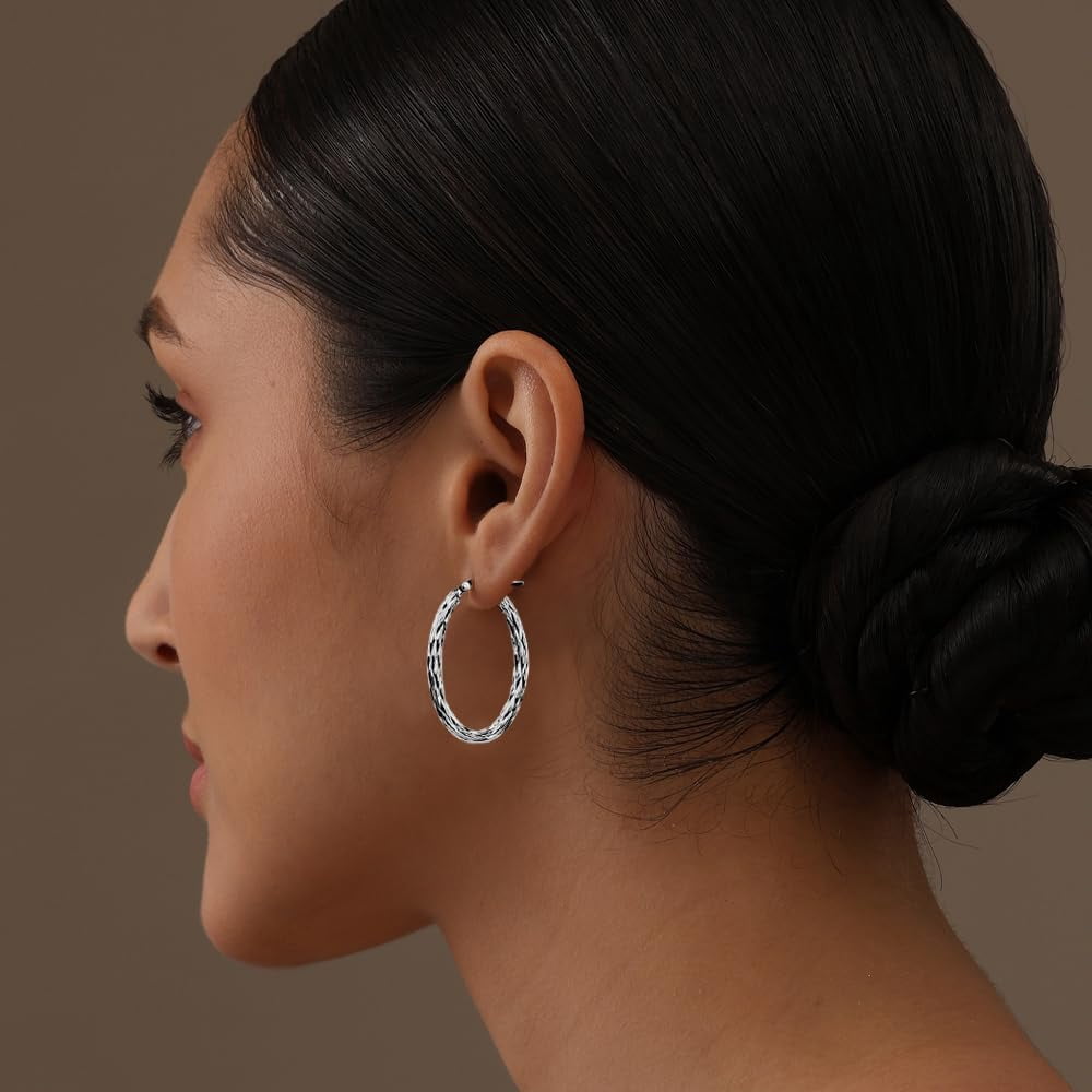 LeCalla 925 Sterling Silver Rhodium-Plated Oval Texture Hoop Earrings Jewelry Gifts for Women and Teen 35MM