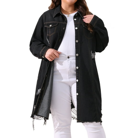 DARING DIVA Women's Plus Size Distressed Fray Hem Trucker Denim Jackets 1X Black