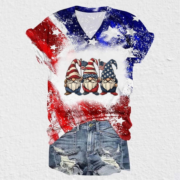 Fiudx Camisetas para Mujer Blusas Casuales de Manga Corta con Cuello En V y Estampado Del Día Independiente de La Moda para Mujer