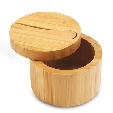 Salt Cellar with Mini Spoon - Round Salt Container with Swivel Magnetic Closure Lid for Convenient Storage of Various Salts and Spices, Bamboo