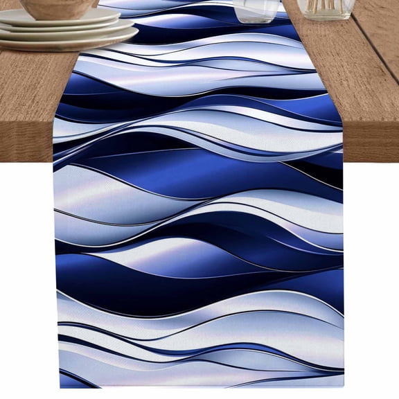 nqOlkjepod Navy Blue Striped Ombre Table Runner 60 Inches Long Farmhouse Dress Scarves, Modern Blue Moire Geometric Dining Tablerunner for Coffee Table/Kitchen Island/Party Décor, 13" x 60"