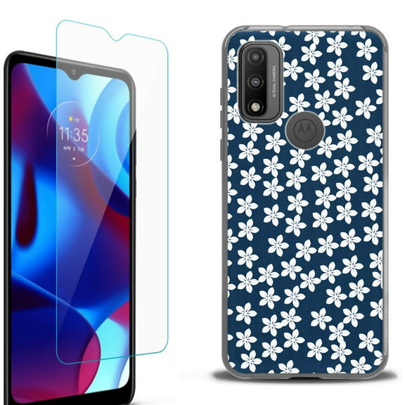 Slim-Fit Protective Phone Case (Black) compatible with Motorola Moto G Pure 5G, with Tempered Glass Screen Protector, by OneToughShield ® - Flower/Blue