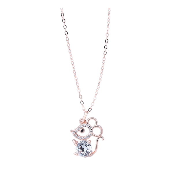 FELTECHELECTR 1 collar de plata con cadena de clavícula en forma de ratón, elegante y moderno, con circonitas a juego para mujer (oro rosa).