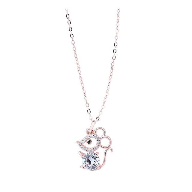 FELTECHELECTR 1 collar de plata con cadena de clavícula en forma de ratón, elegante y moderno, con circonitas a juego para mujer (oro rosa).